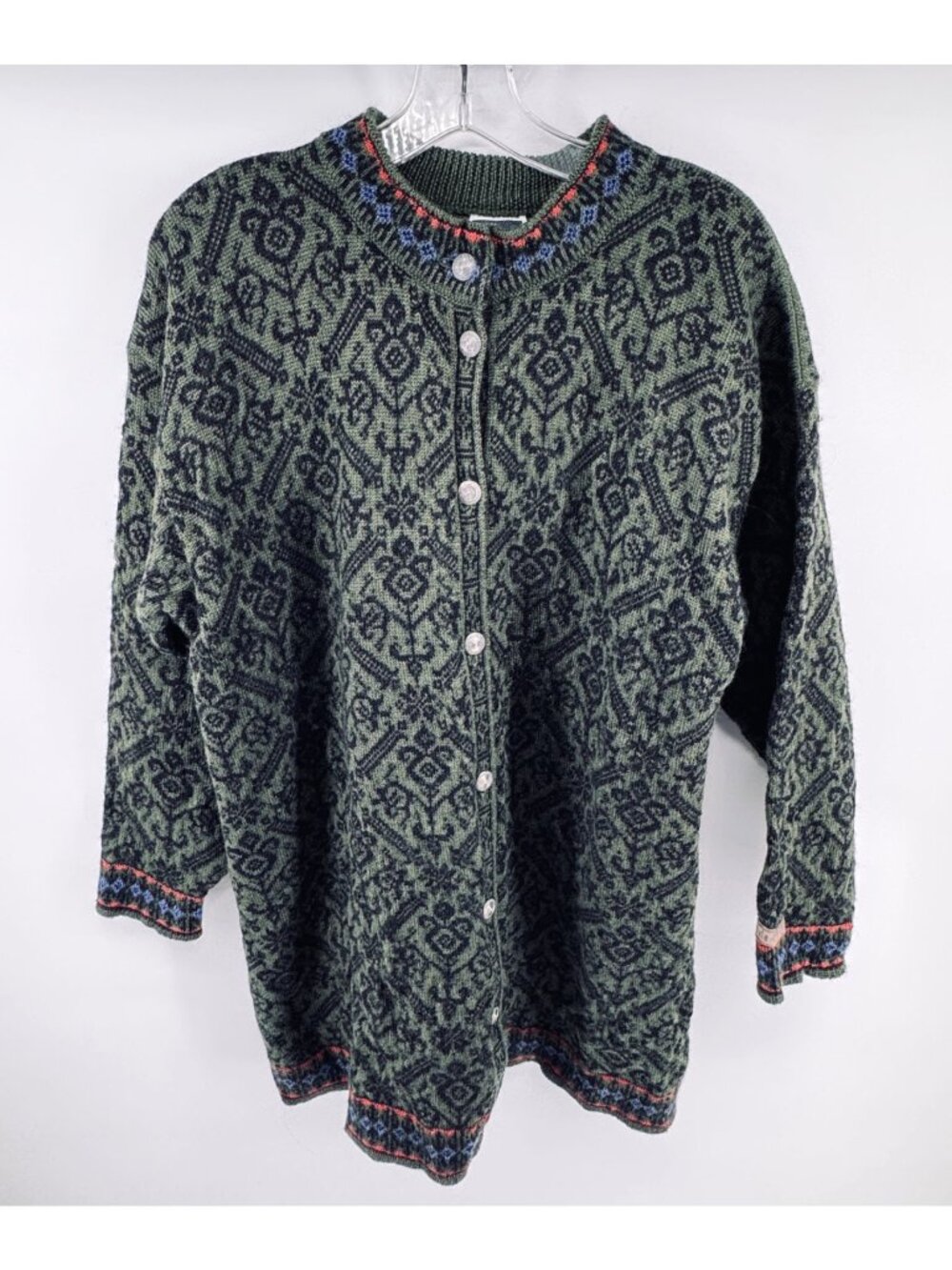 Vintage Dale of Norway Green Wool Knit Nordic Alpine Long Cardigan Sweater XL